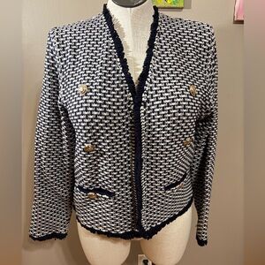 Tahari Navy and White Textured Blazer